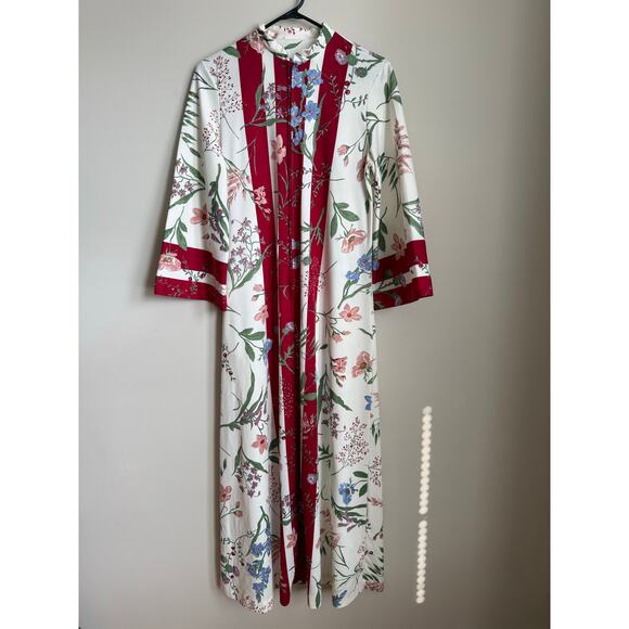 Keyloun Other - Vintage Georgie Keyloun Floral Kaftan Dress Red Stripe Hawaiian Print Size Small